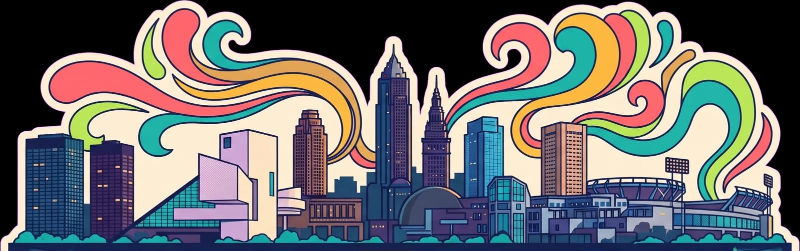 Illustration of the Cleveland lakefront skyline: the Rock & Roll Hall of Fame, Key Tower, Terminal Tower, the Great Lakes Science Center dome and the stadium, wrapped in psychedelic color ribbons